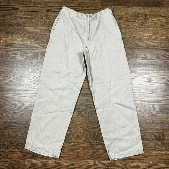 LL Bean Pants Women 12 Brown 100% Linen Elastic Waist Lightweight Coastal Resort - Picture 1 of 11